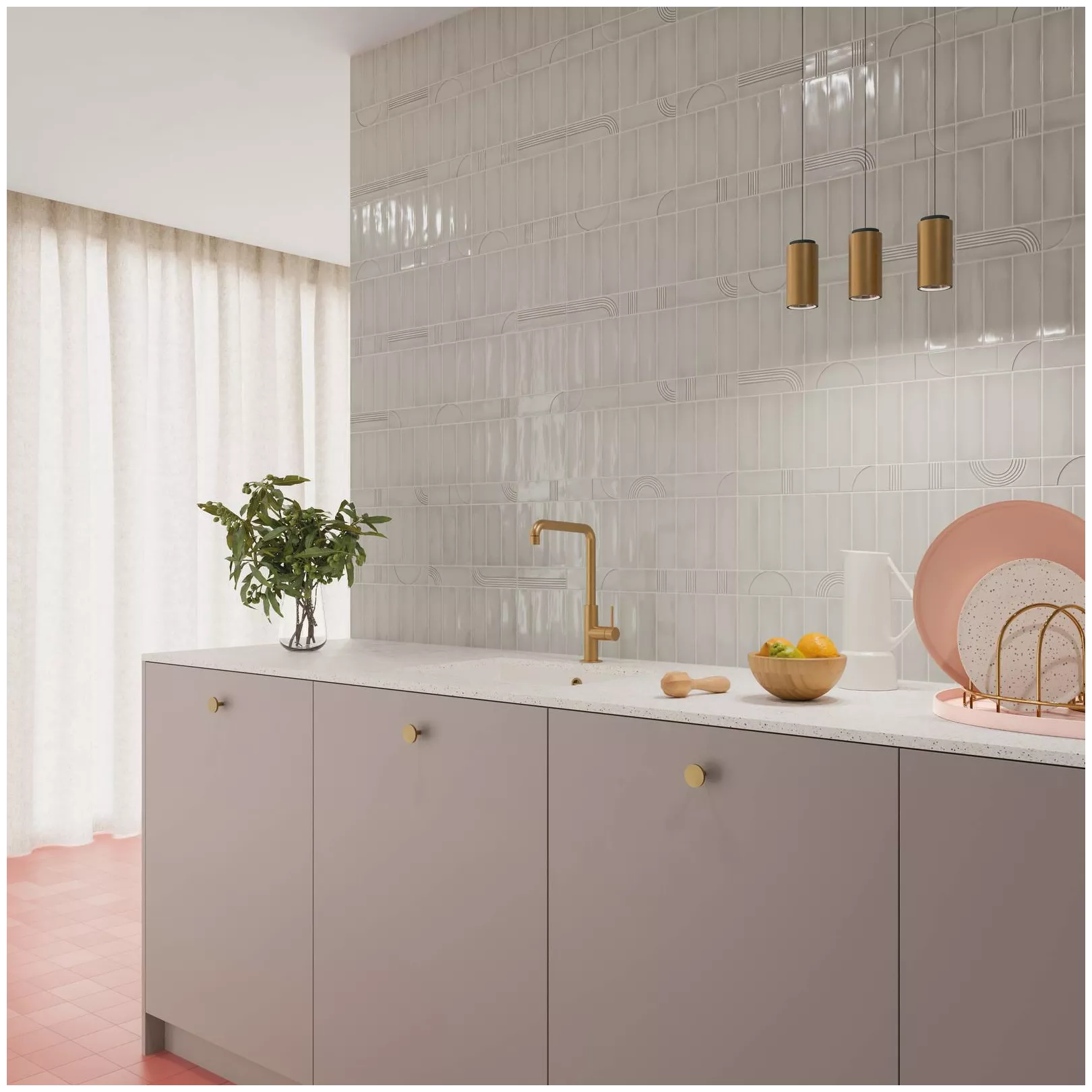 (mur) faïence GLOW Salt uni + décor 16,1x5,2cm / (sol) grès cérame SIX Coral 11,7x11,7cm