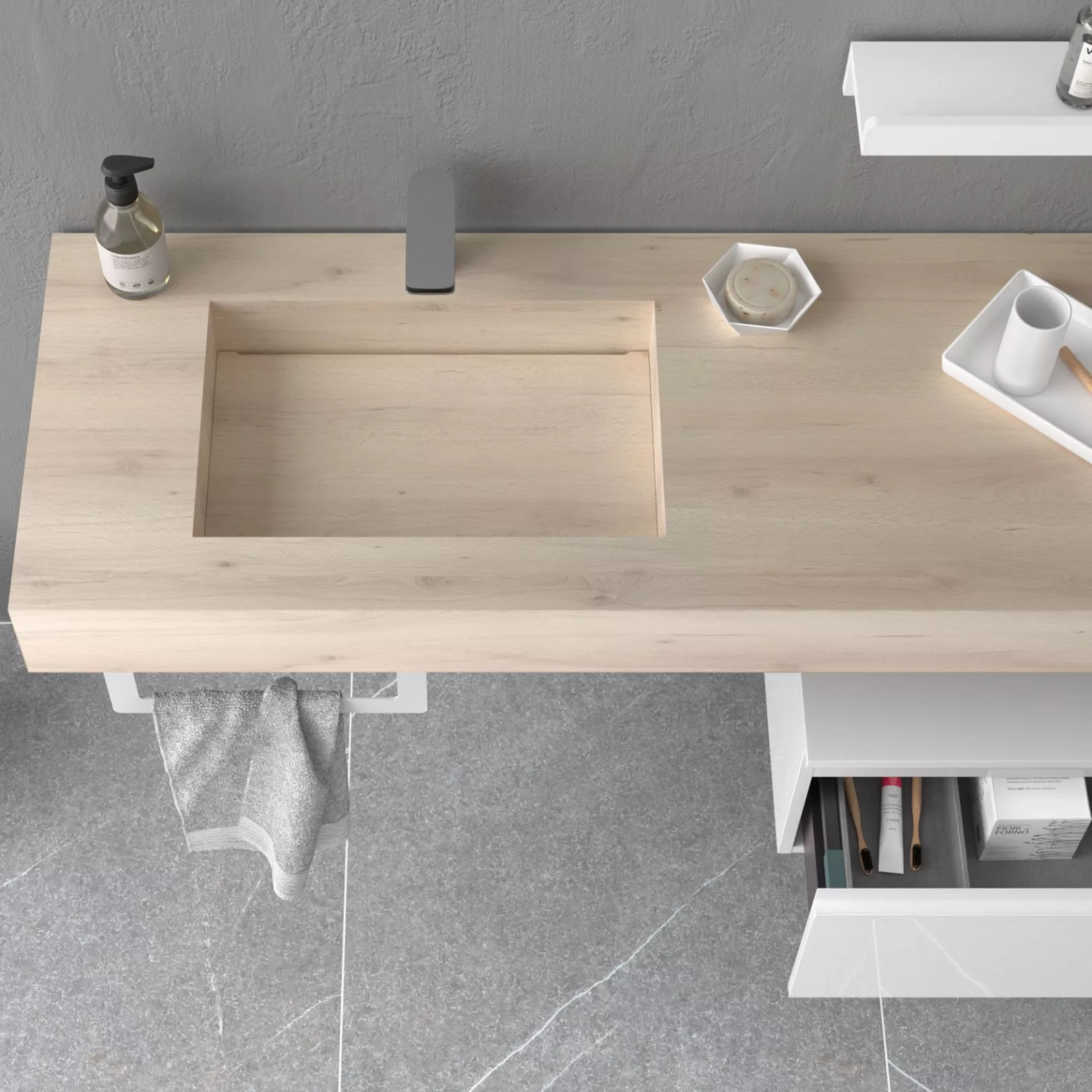 Meuble bain COMPAKT avec vasque intégrée, 5 couleurs, largeur sur mesures, 2 profondeurs