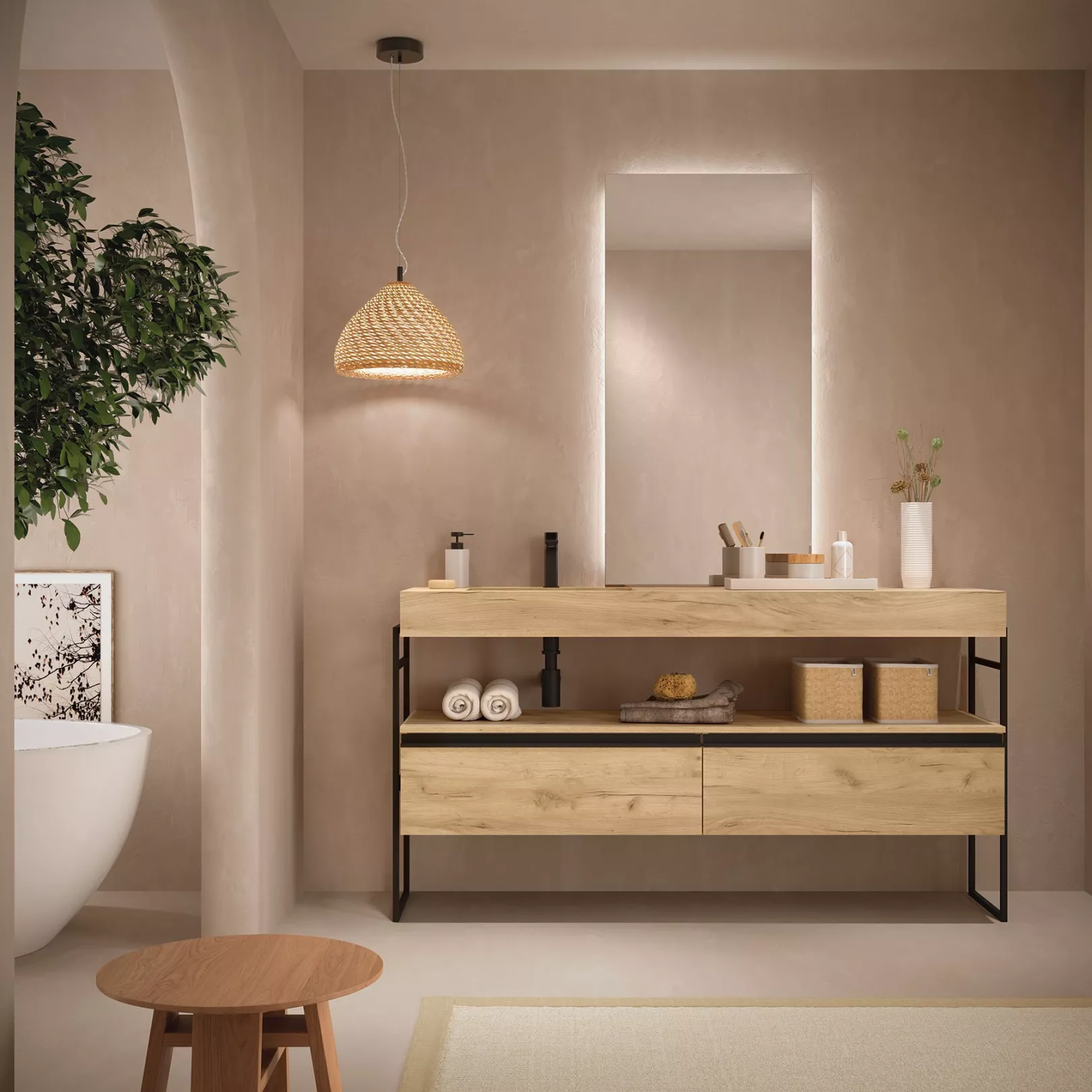 Meuble bain COMPAKT avec vasque intégrée, 5 couleurs, largeur sur mesures, 2 profondeurs