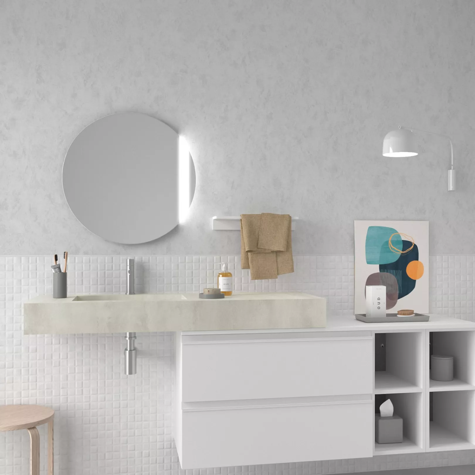 Meuble bain COMPAKT avec vasque intégrée, 5 couleurs, largeur sur mesures, 2 profondeurs