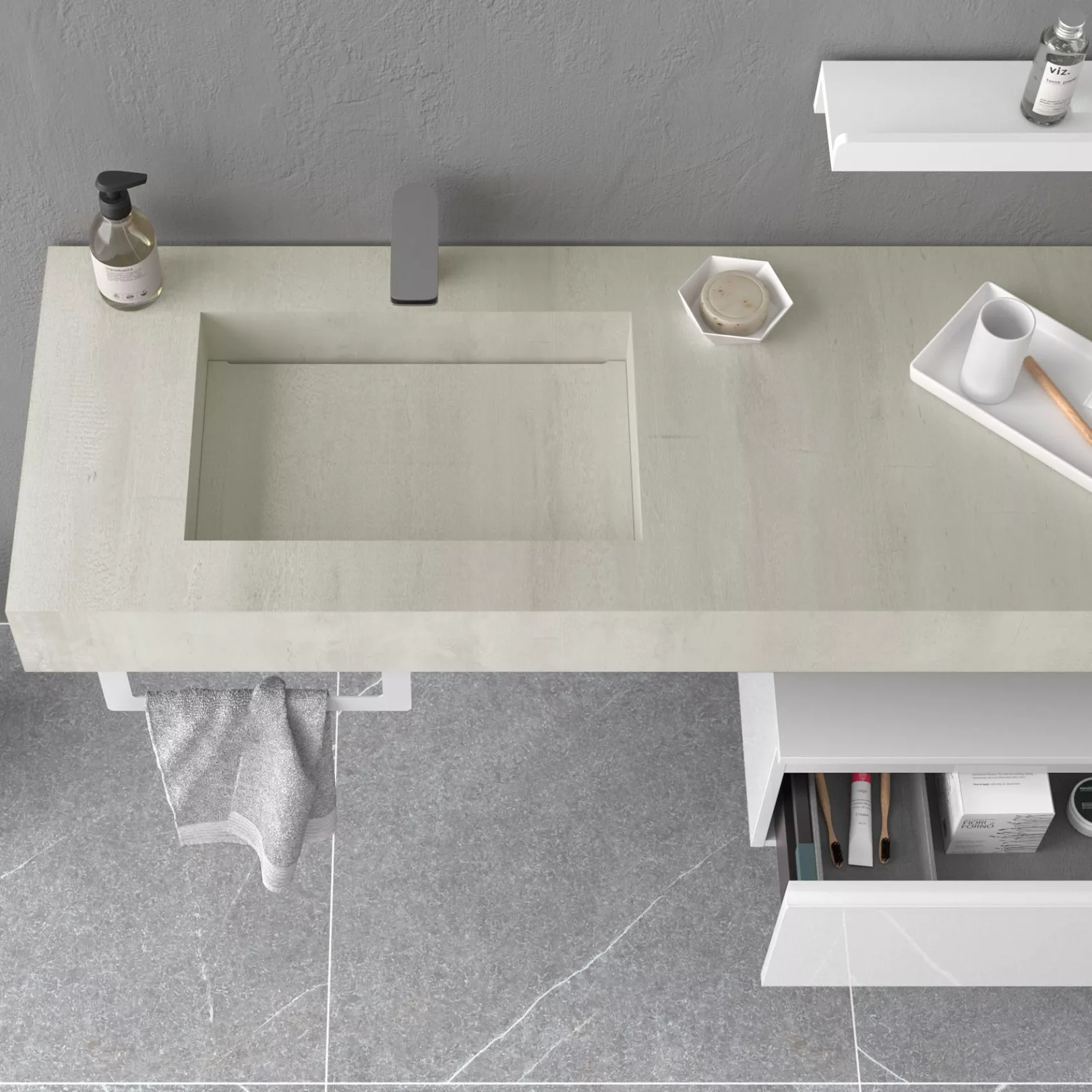 Meuble bain COMPAKT avec vasque intégrée, 5 couleurs, largeur sur mesures, 2 profondeurs