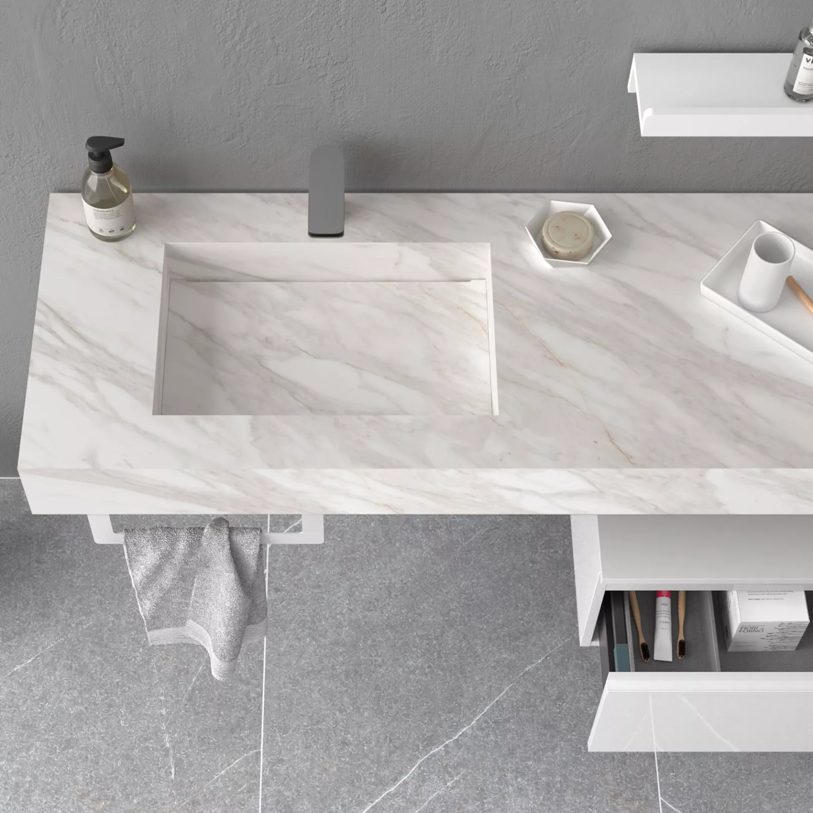 Meuble bain COMPAKT avec vasque intégrée, 5 couleurs, largeur sur mesures, 2 profondeurs
