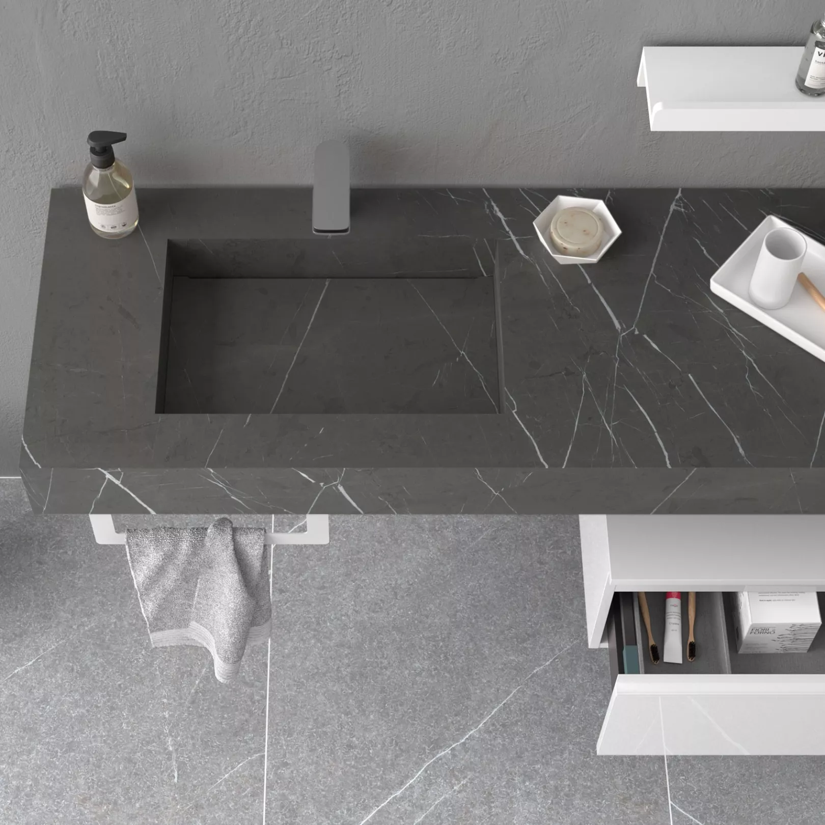 Meuble bain COMPAKT avec vasque intégrée, 5 couleurs, largeur sur mesures, 2 profondeurs