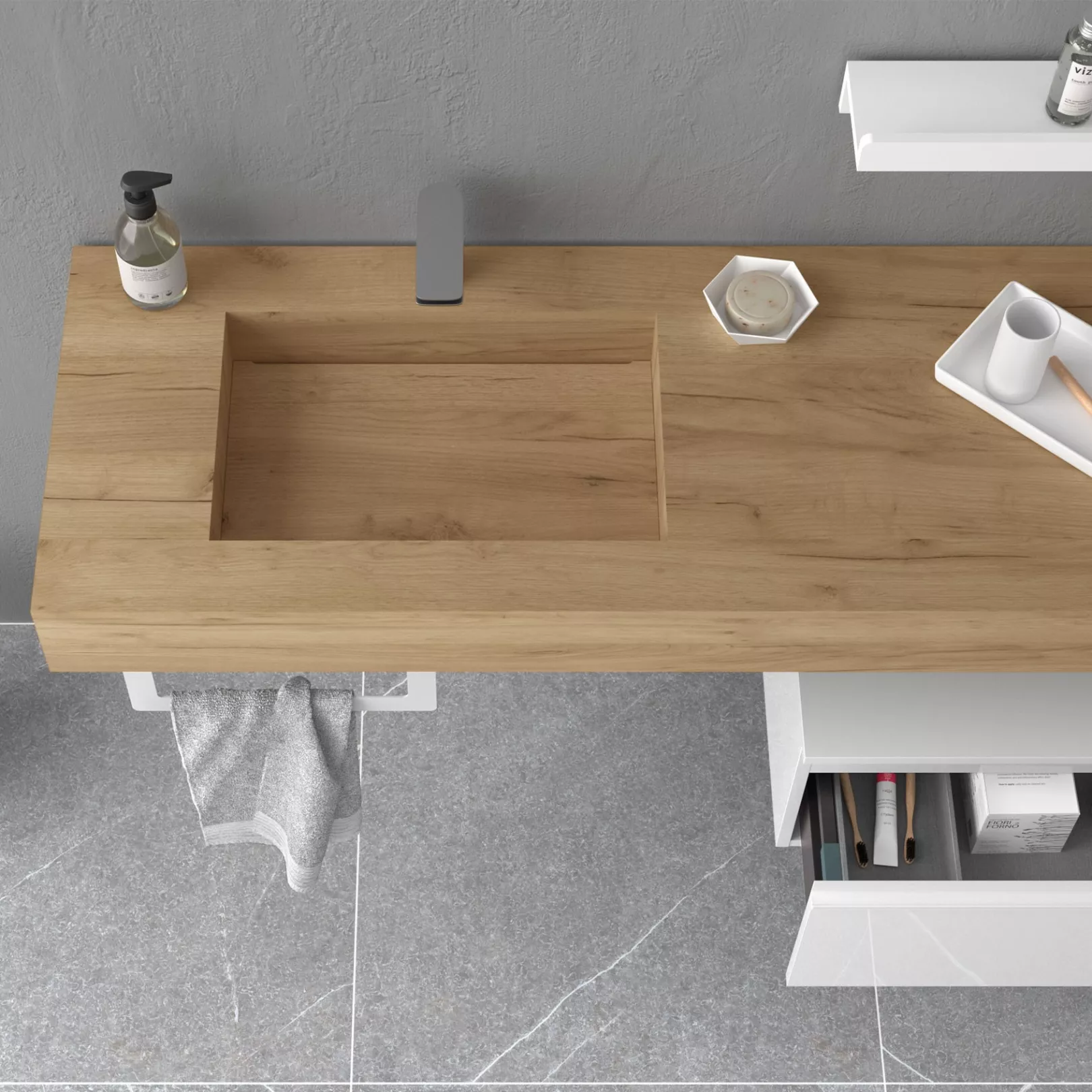 Meuble bain COMPAKT avec vasque intégrée, 5 couleurs, largeur sur mesures, 2 profondeurs