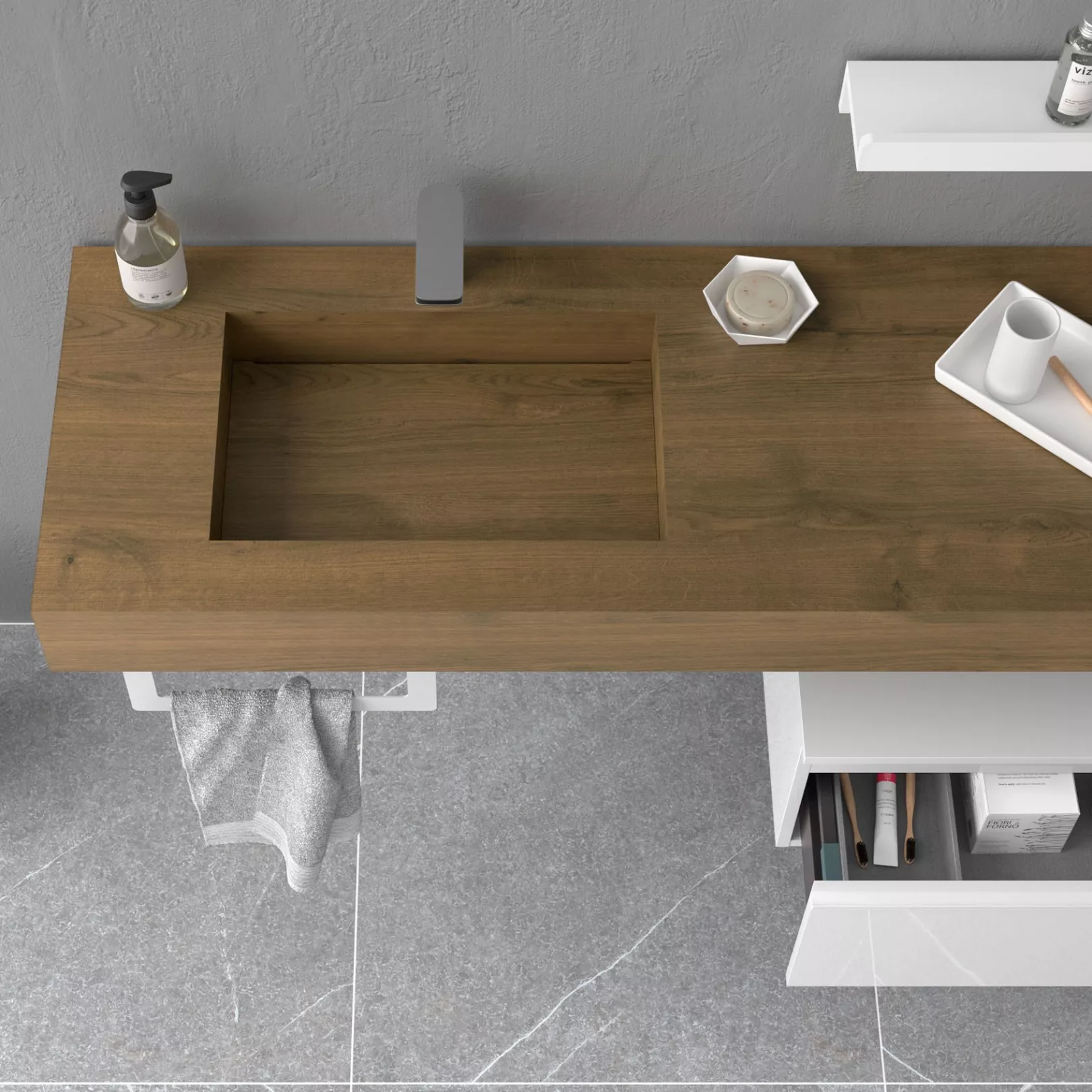 Meuble bain COMPAKT avec vasque intégrée, 5 couleurs, largeur sur mesures, 2 profondeurs