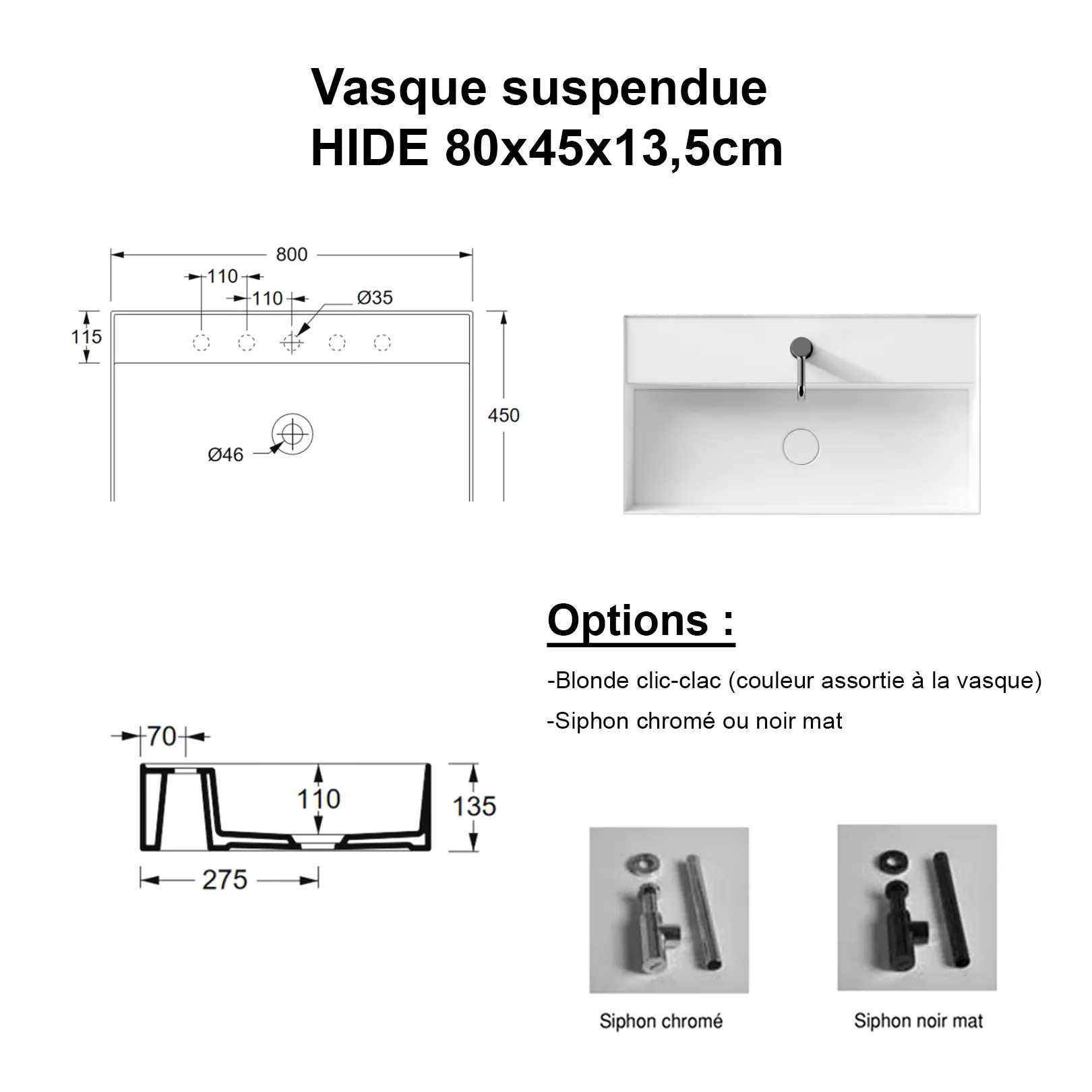 Lavabo, vasque Hide 80x45cm (rectangle)