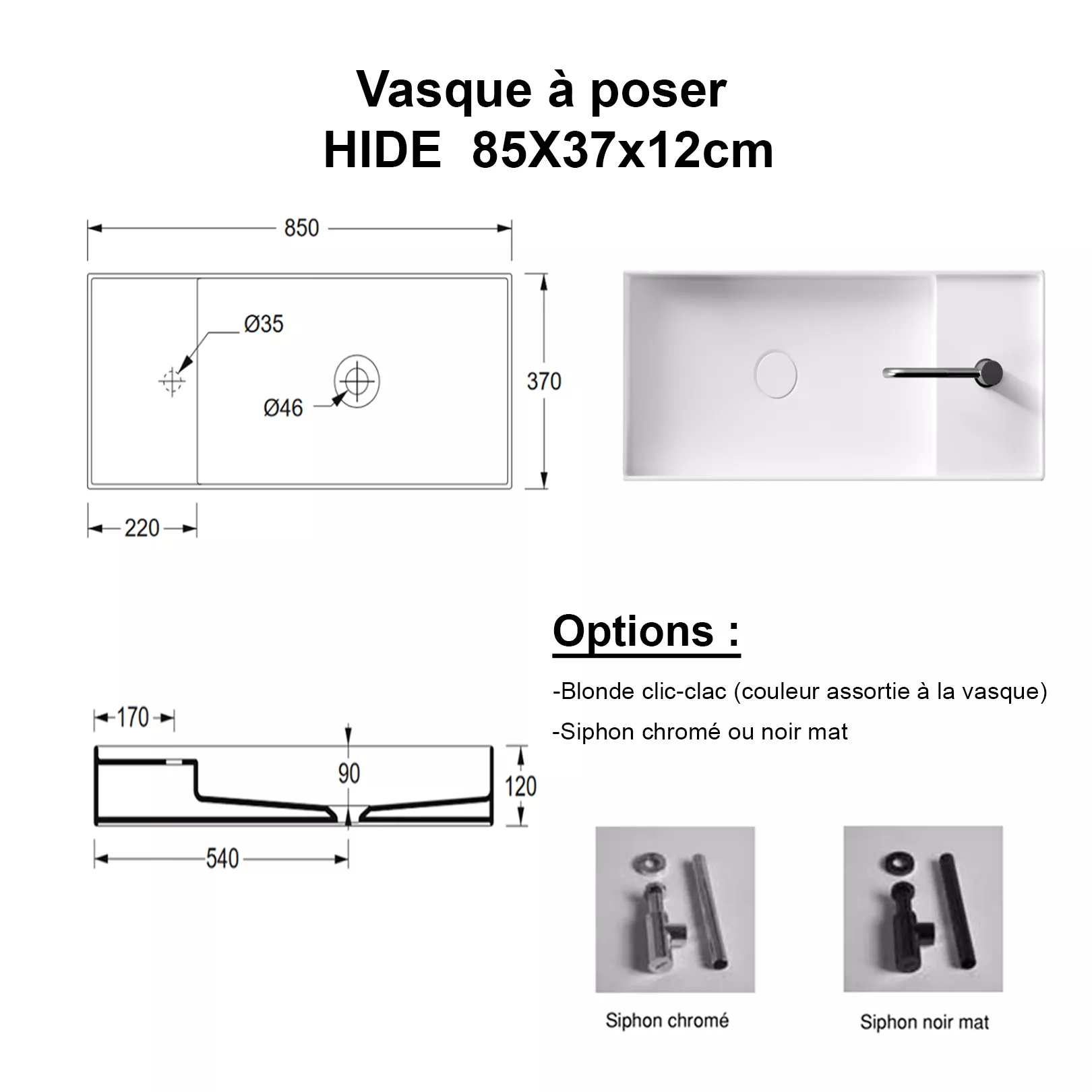 Lavabo, vasque à poser Hide Rectangle 85x37cm
