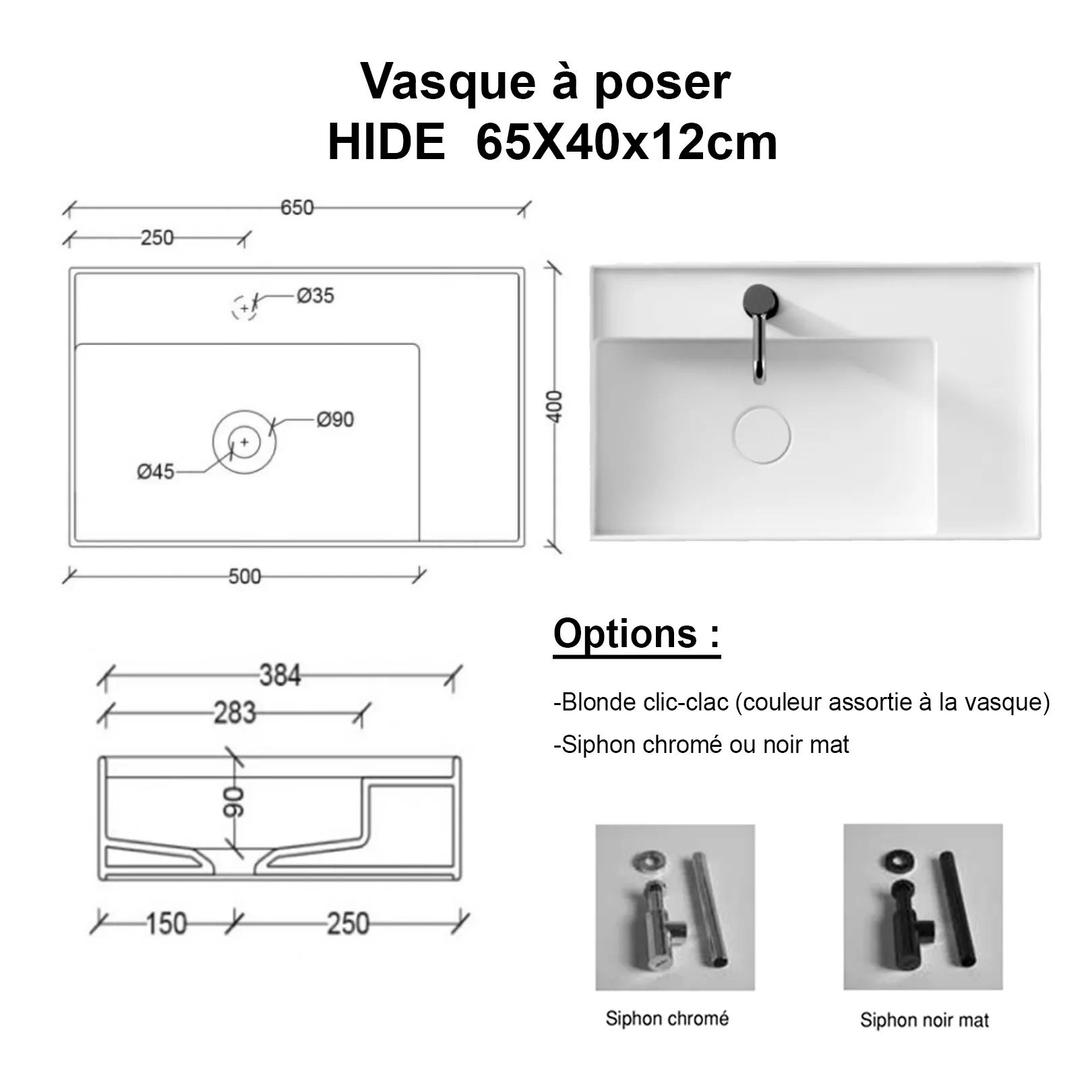 Lavabo, vasque à poser Hide Rectangle 65x40cm